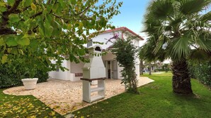 A courtyard with a white building, a palm tree, and a stone pathway. - 2534 Appartamento Orange - Villa Sogno Blu by Barbarhouse (San Vito dei Normanni)