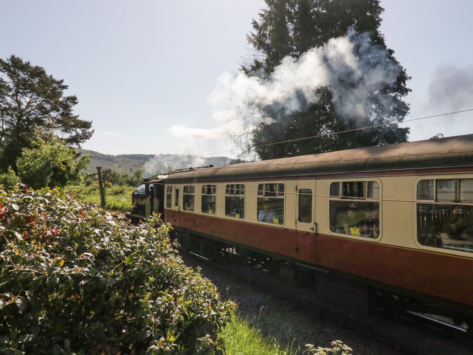 Un tren antiguo con pasajeros, viajando a través de un paisaje rural con vegetación y colinas.