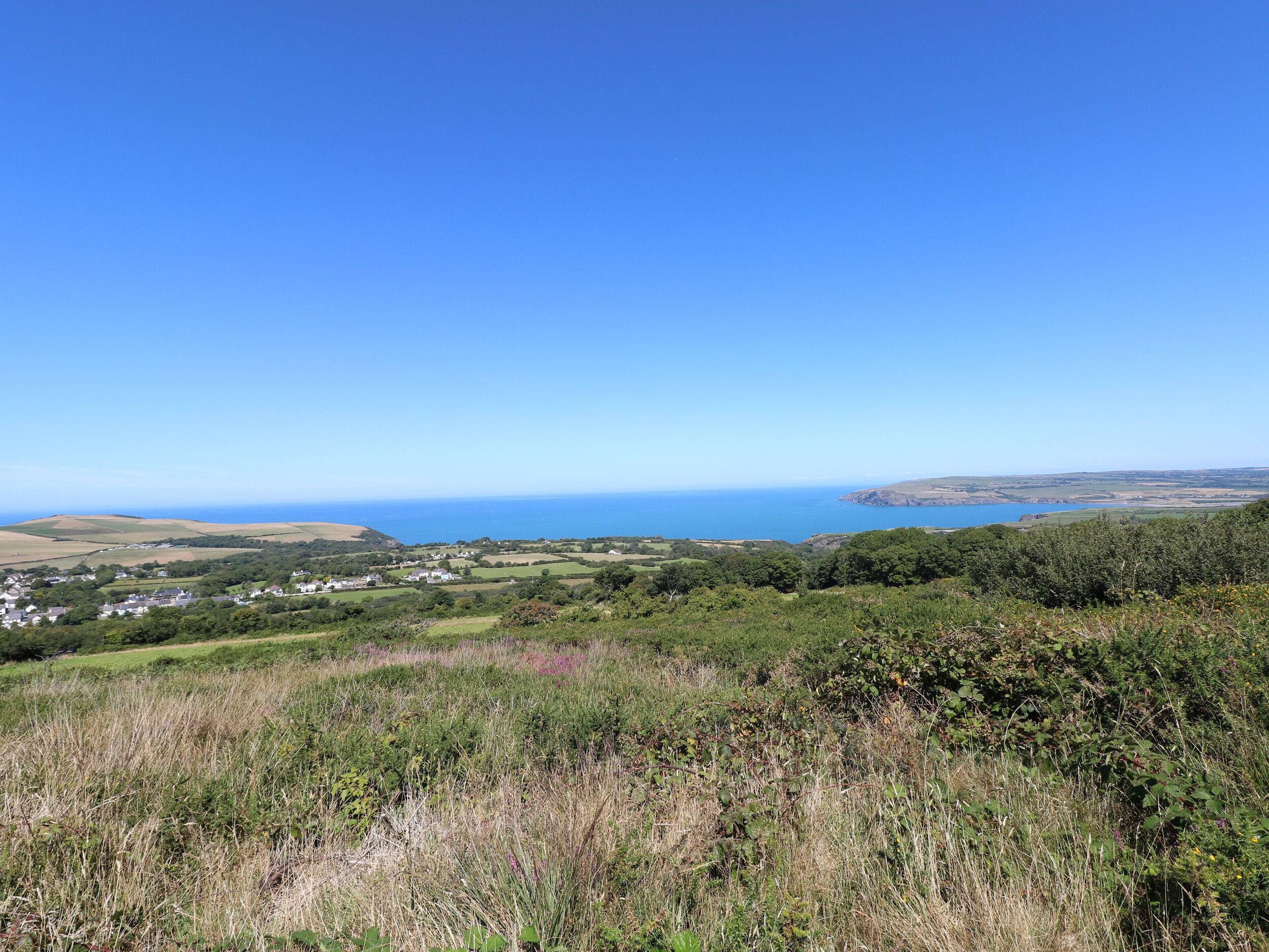 A coastal landscape with rolling hills, a clear blue sky, and a view of the sea.