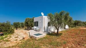 A small, modern white building with a satellite dish, surrounded by olive trees and a clear blue sky. - 2968 Villa Freude by Perle di Puglia (Carovigno)
