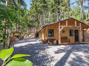 A wooden cabin with a gravel driveway, surrounded by tall trees. - Lady Bagots Cabin (Ruthin)