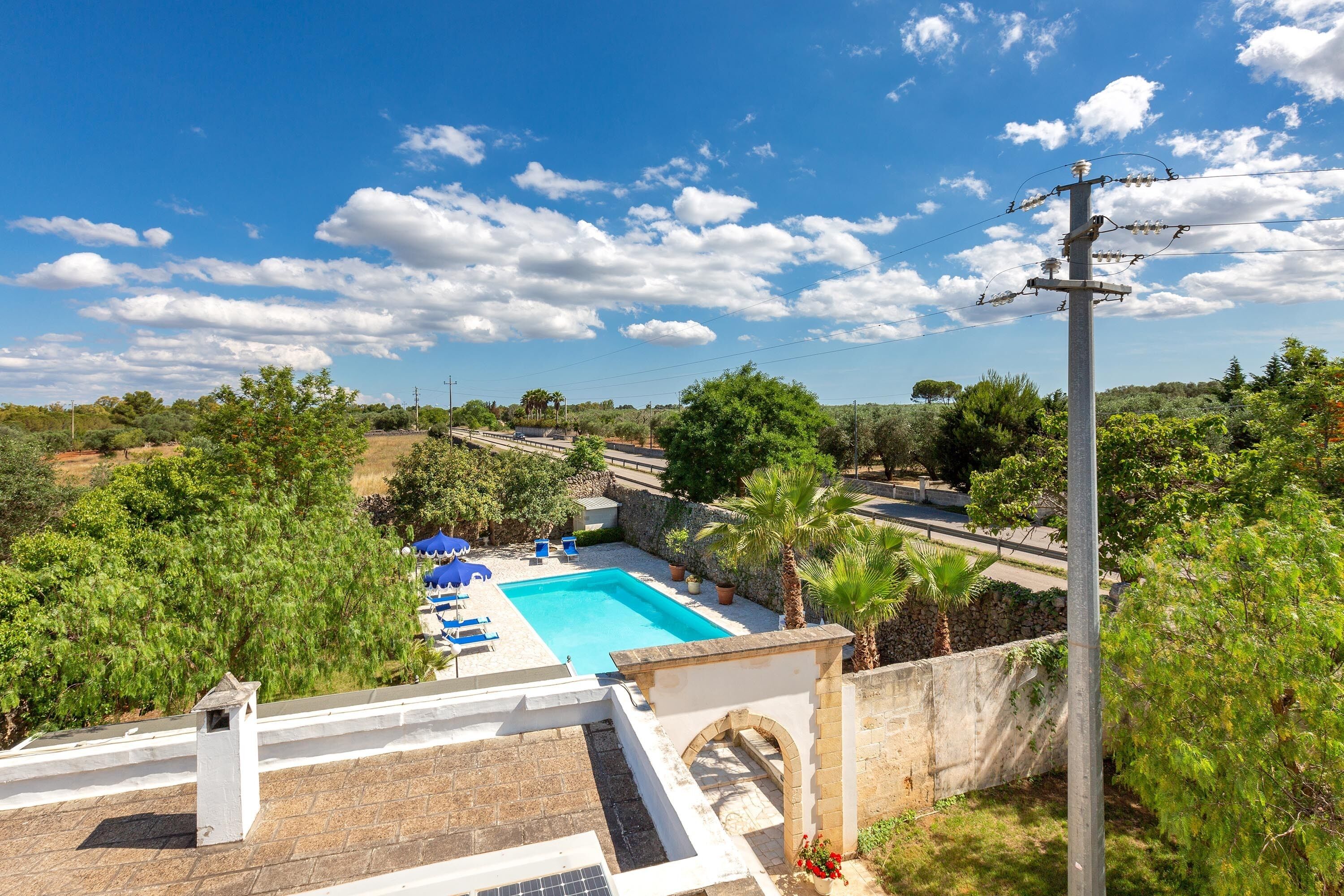 A rooftop pool with blue water, surrounded by lounge chairs and potted plants.