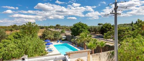A rooftop pool with blue water, surrounded by lounge chairs and potted plants.