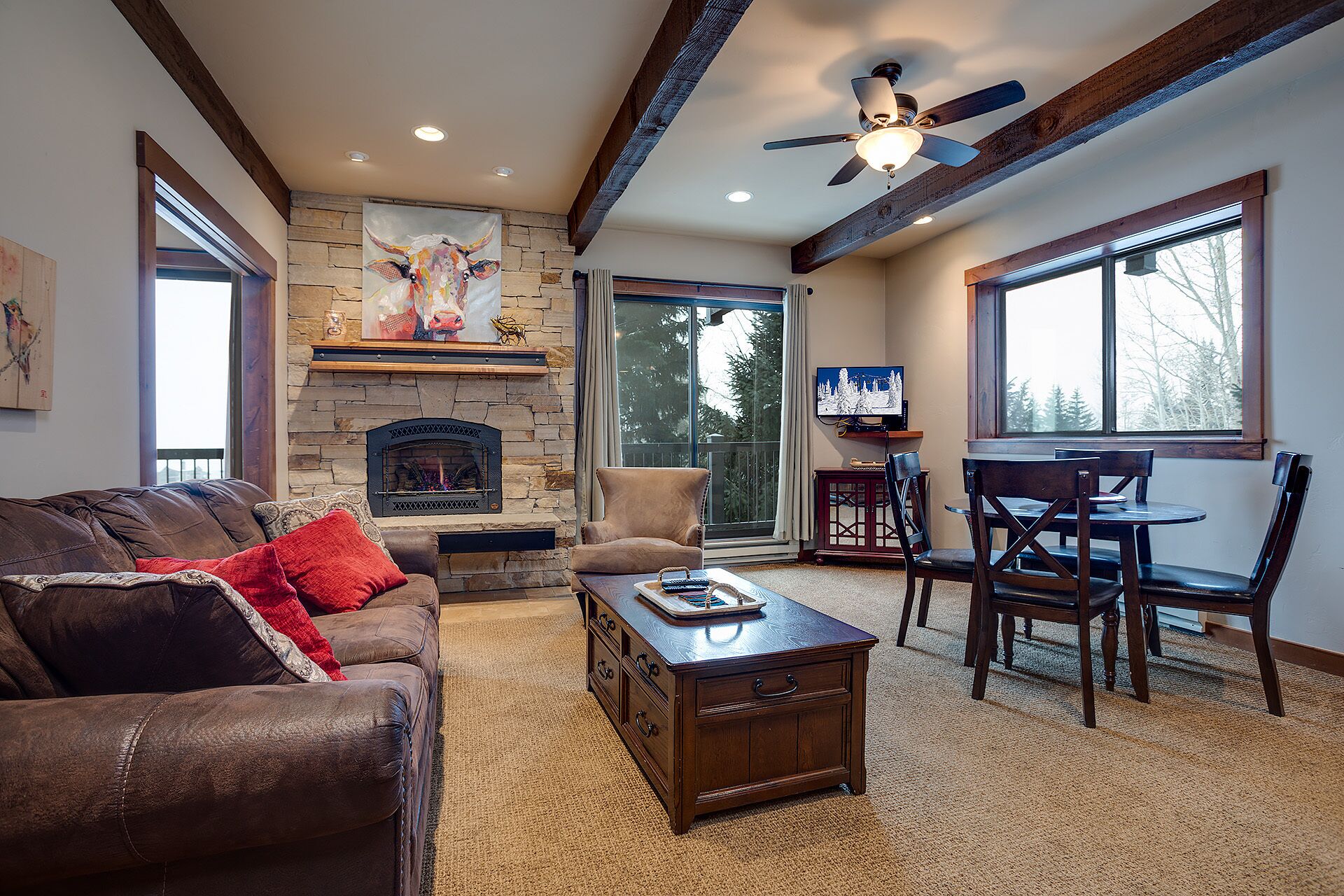 Flat-screen TV, fireplace