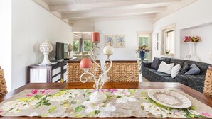 A spacious living room with a wooden ceiling, a dark patterned sofa, a dining table with a floral table runner, and a television on a stand.