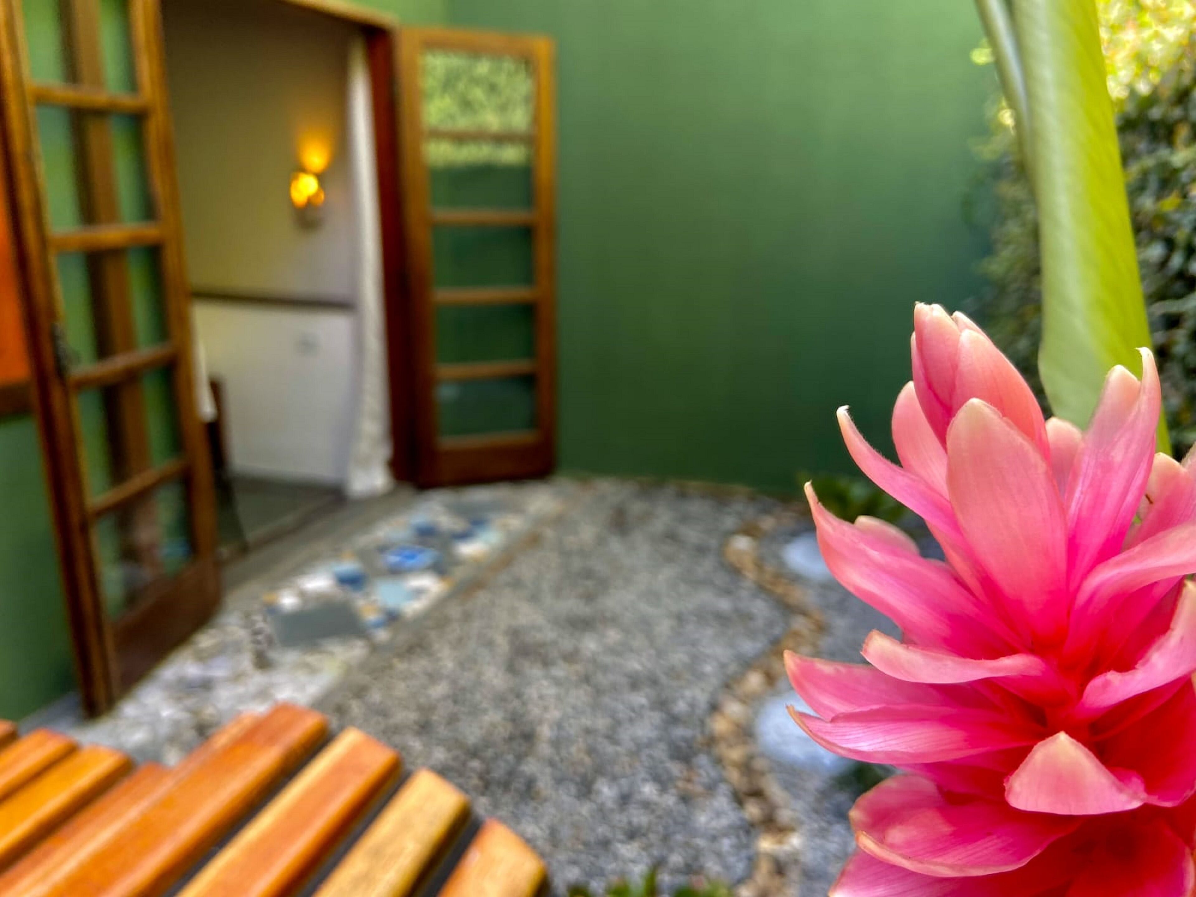A wooden bench, a pink flower, and a stone pathway leading to a room with a green wall and a wooden door.