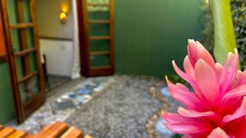A wooden bench, a pink flower, and a stone pathway leading to a room with a green wall and a wooden door.