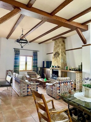Smart TV, fireplace, books