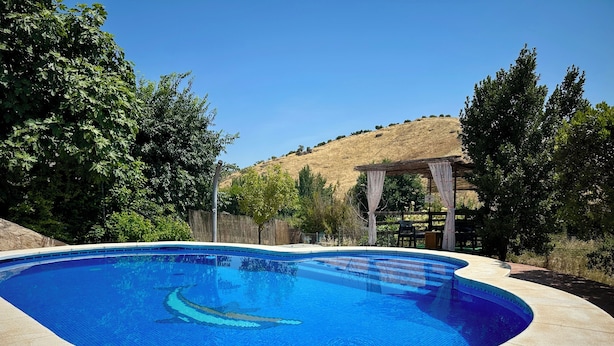 A swimming pool with a curved edge, surrounded by a stone deck. - Rural house El Arado (Baena)