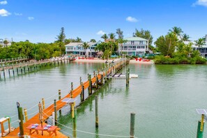 A waterfront property with a wooden dock extending into calm water, surrounded by lush greenery and a clear blue sky.