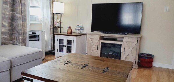 Smart TV, fireplace, DVD player, books