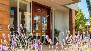 La entrada del Hotel Augusta Centro, con fachada moderna, puertas de vidrio amplias y un jardín con plantas de lavanda.