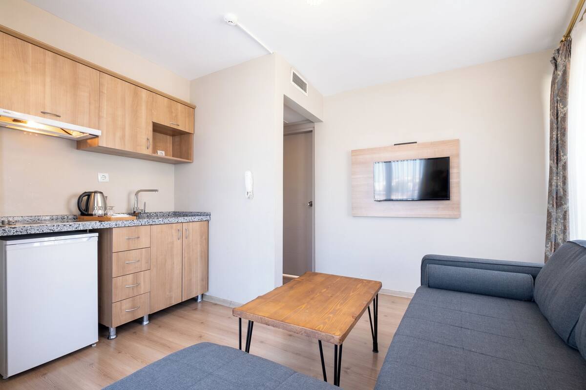 A compact living space with a kitchenette, a flat-screen TV mounted on the wall, and a grey sofa.