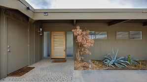 Une entrée moderne avec une porte en bois, un petit jardin planté de cactus et une caméra de surveillance.