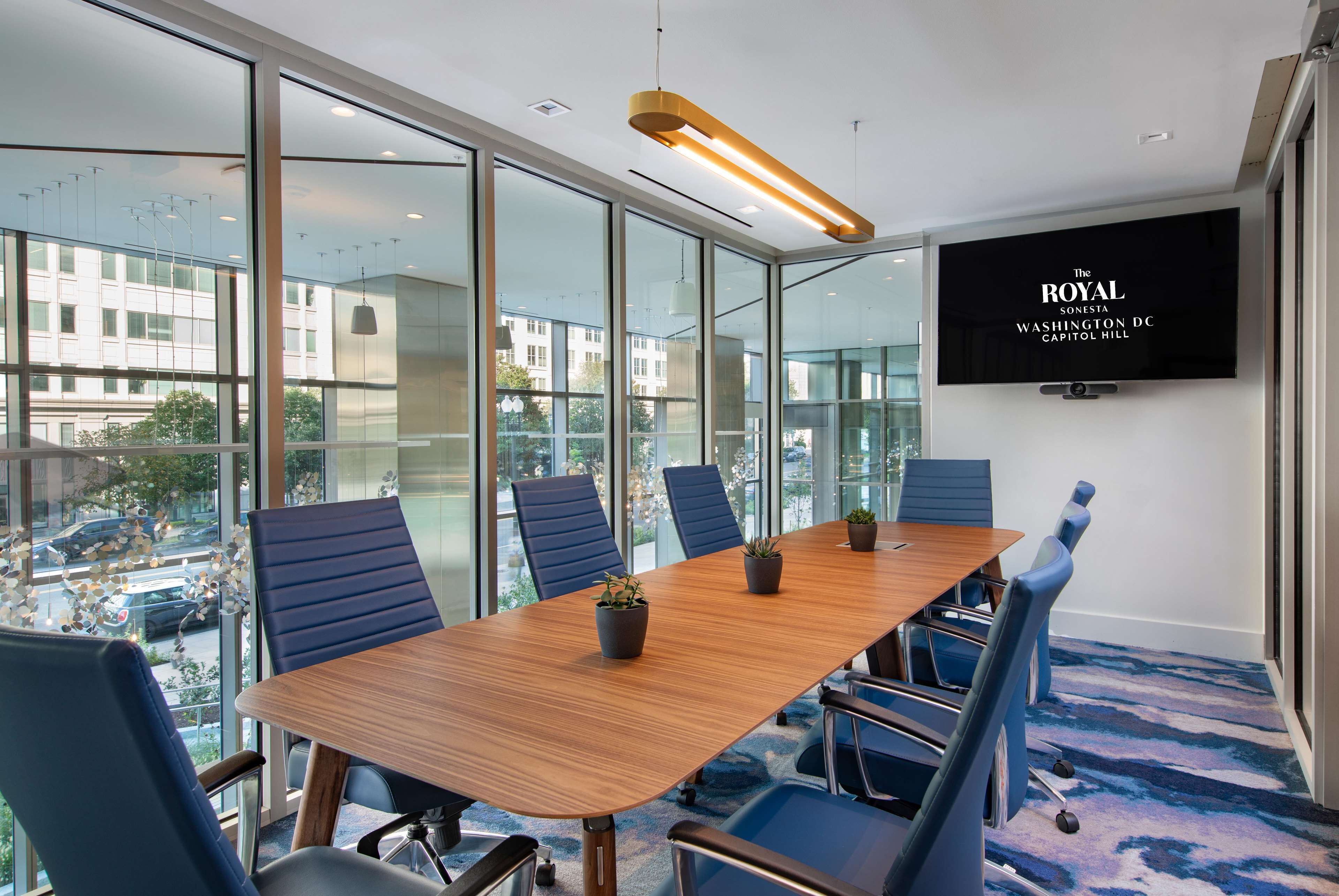 A conference room with a long table, blue chairs, and potted plants.