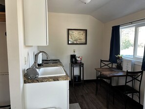 Fridge, microwave, oven, cookware/dishes/utensils