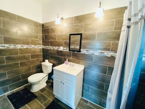 Shower, hair dryer, towels, soap