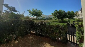 A garden with a variety of plants and trees, a fence, and a building in the background. - Nice 2 room apt with Pool Richelieu beach Cap d'Agde (LE CAP D AGDE)