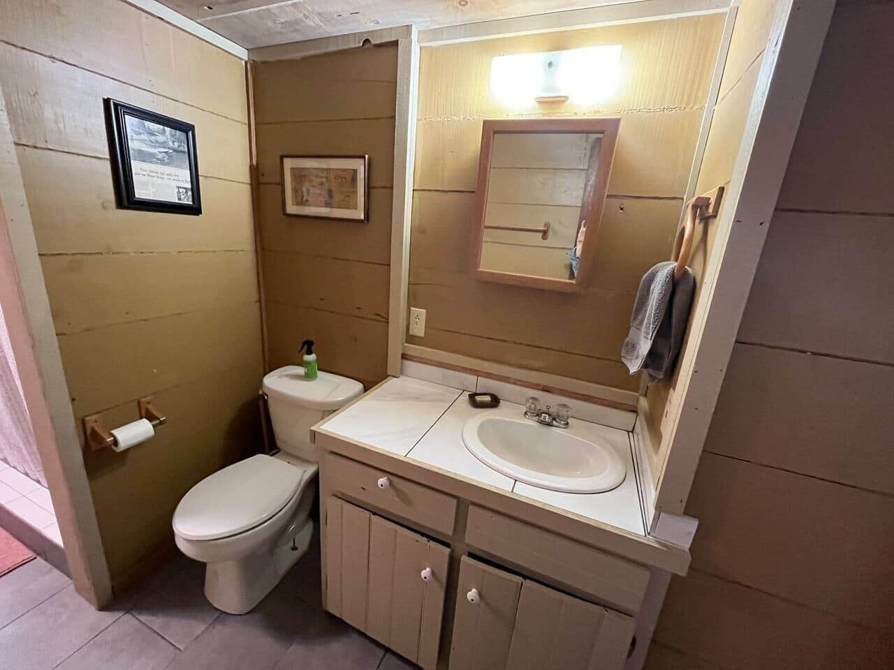 Ein kleines Badezimmer mit Toilette, Waschbecken und Spiegel.
