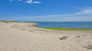 A sandy beach with a clear blue sky and calm sea. - Updated Beach House Deck Outdoor Shower! (Chatham)
