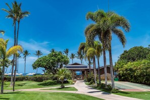 Stroll through the resort's beautifully manicured grounds, surrounded by palm trees and lush lawns.