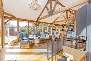 Smart TV, fireplace, books