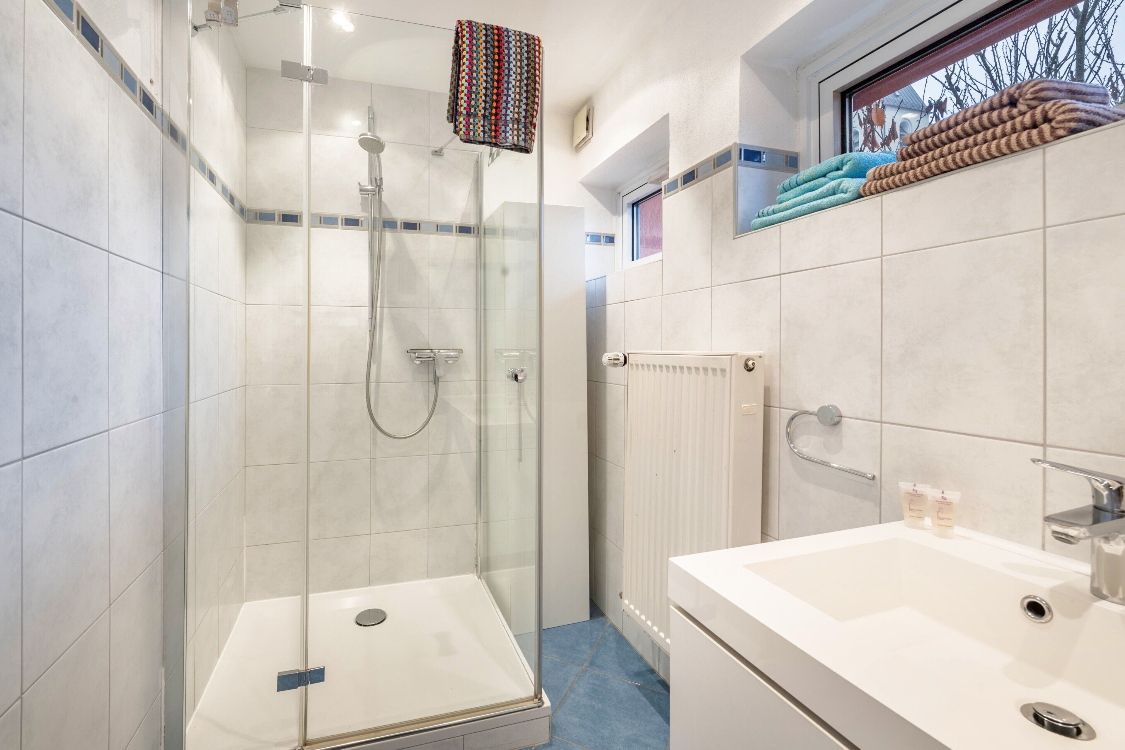 Shower, hair dryer, towels