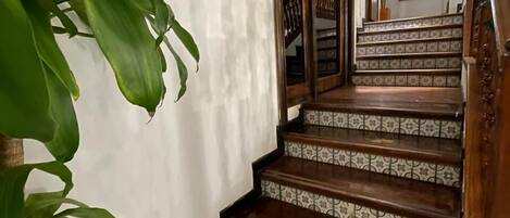 Eine Treppe mit gemusterten Fliesen und einer Topfpflanze links.