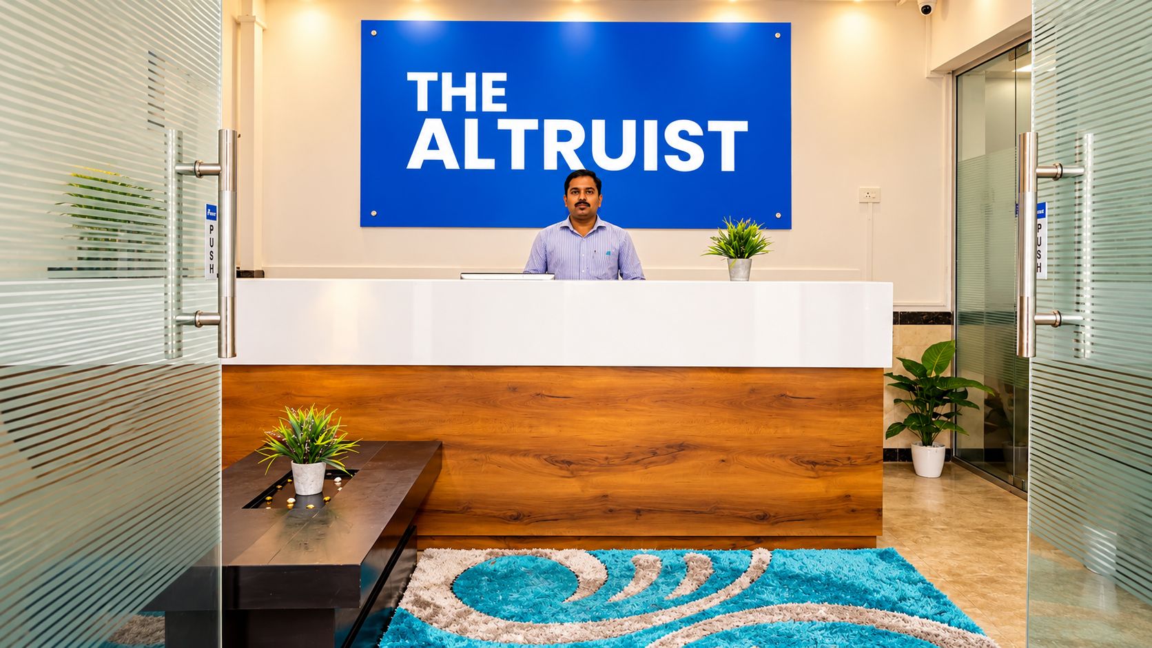 Un mostrador de recepción con un cartel que dice 'THE ALTRUIT' y una persona sentada detrás.