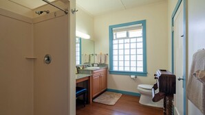 Ein Badezimmer mit Holzboden, Toilette, Waschbecken mit Spiegel und Fenster mit blauer Umrandung.