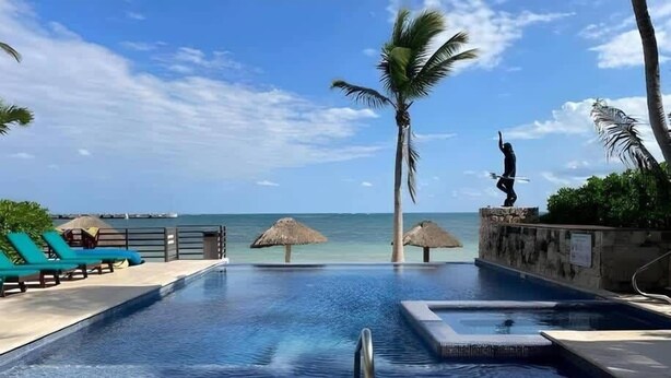 Une piscine avec des chaises longues et des palmiers, offrant une vue sur l’océan.