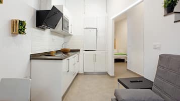 Fridge, microwave, stovetop, coffee/tea maker