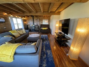 Smart TV, fireplace, books