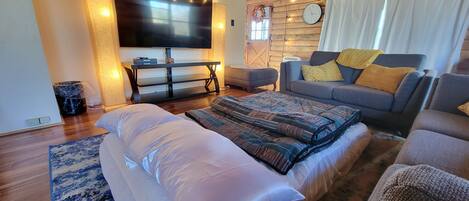 Smart TV, fireplace, books