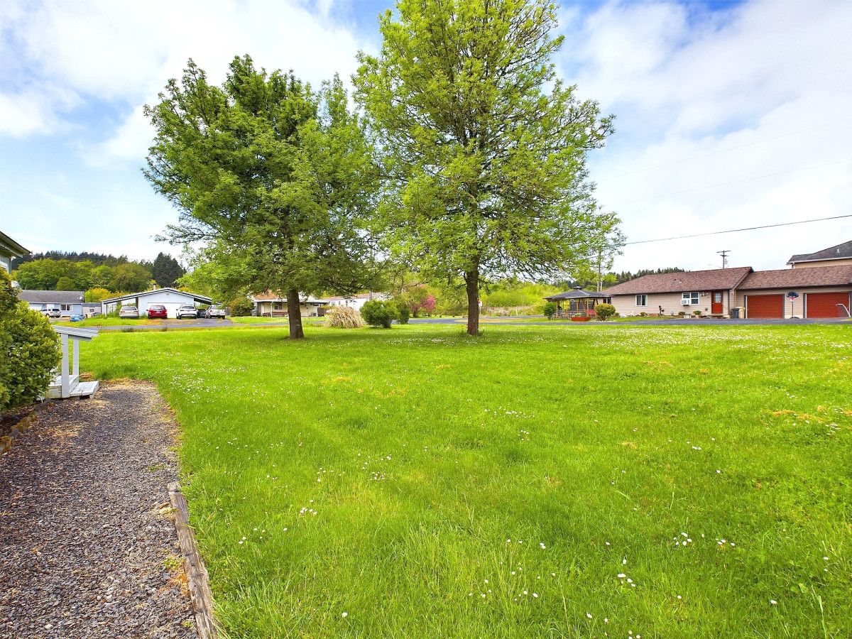 A residential area with a large grassy lawn, a tree, and houses in the background.