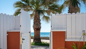 A gated entrance with a palm tree and a view of the sea.
