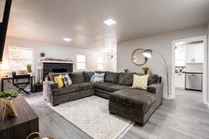 Smart TV, fireplace, books