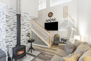 Smart TV, fireplace, books
