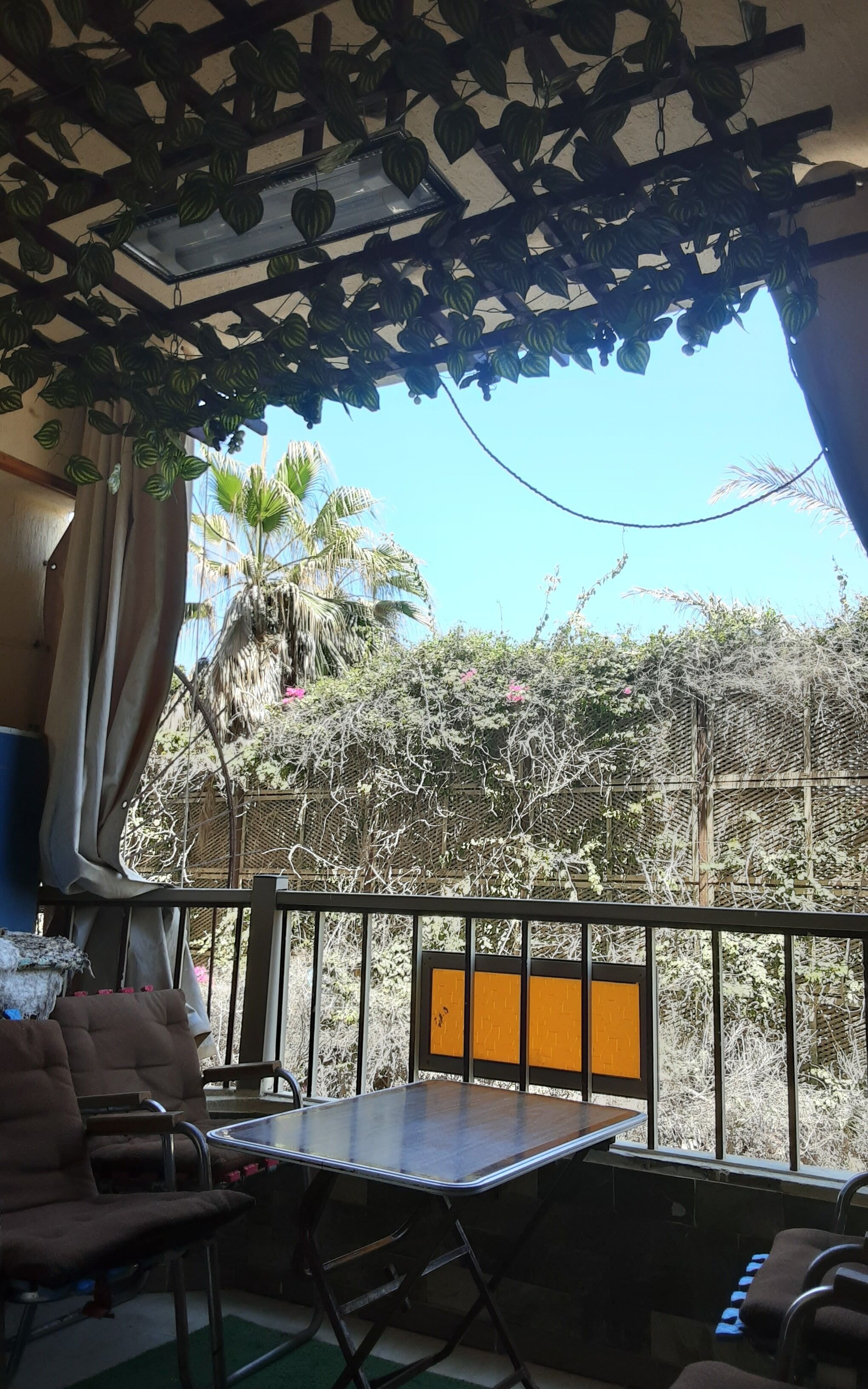 A covered outdoor seating area with a table and chairs, surrounded by a wooden fence and plants.