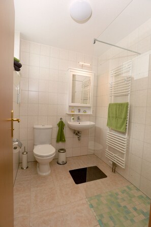 Ein Badezimmer mit Toilette, Waschbecken, Spiegel, Handtuchhalter und Duschbereich.