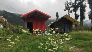 A red and a yellow cabin-style building surrounded by greenery and wildflowers. - Mountains, jungle , Trekking and luxury stay near to nature (Dhanolti)