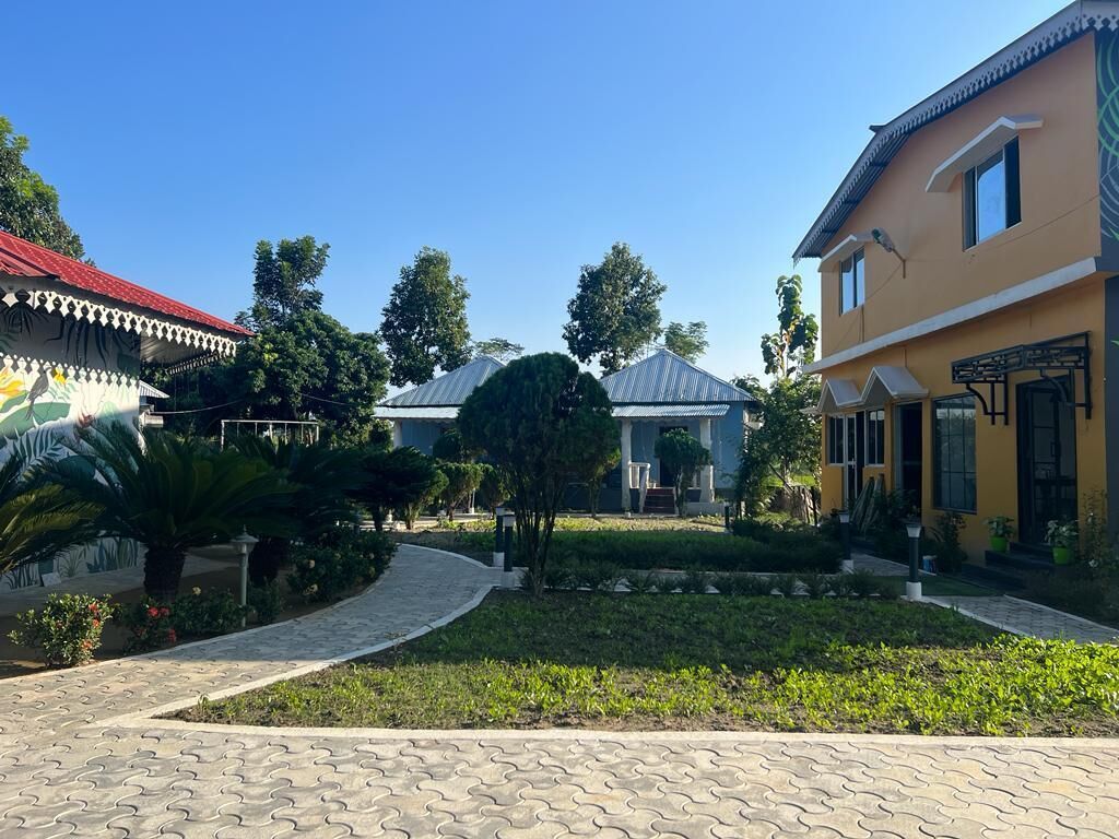Un patio con un sendero empedrado, rodeado de edificios con estilos arquitectónicos diversos, incluyendo una casa con techo rojo y otra con fachada amarilla.