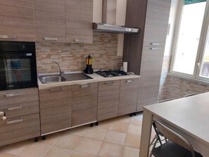 A modern kitchen with a built-in oven, a gas stove, and a stainless steel sink.