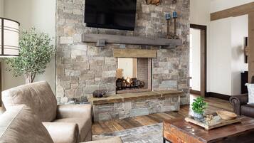 Televisión, chimenea y libros