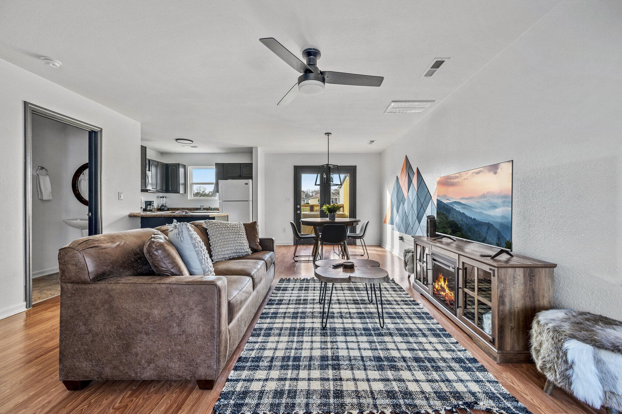 Smart TV, fireplace, books