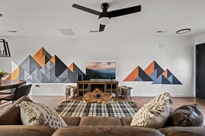 Smart TV, fireplace, books