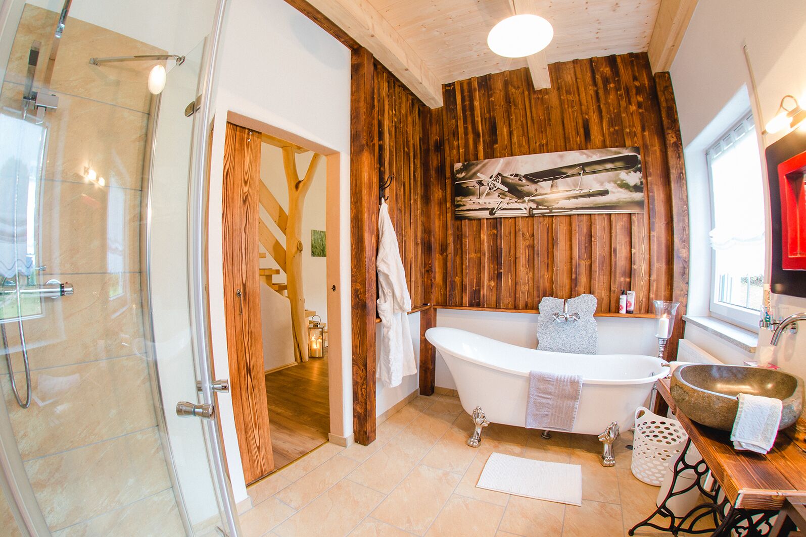 Bathtub, hair dryer, towels, soap