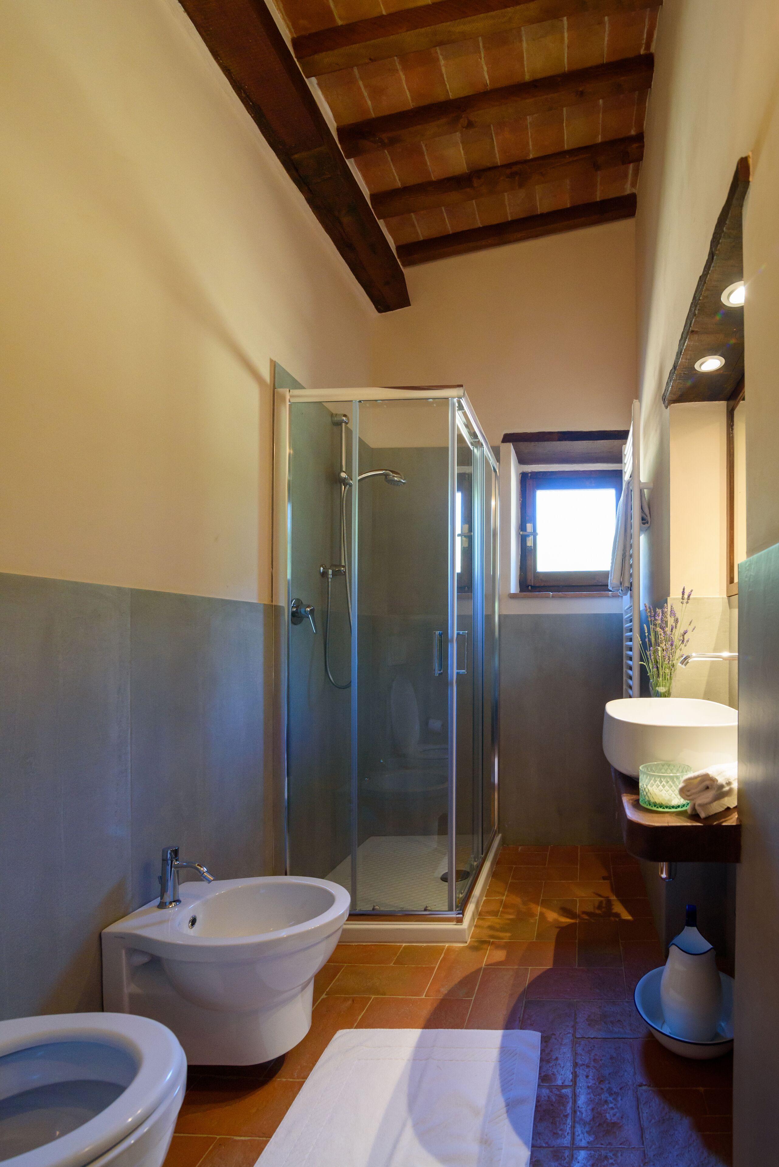 Une salle de bain avec une douche à parois de verre, un bidet et un lavabo.