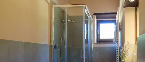 Une salle de bain avec une douche à parois de verre, un bidet et un lavabo.