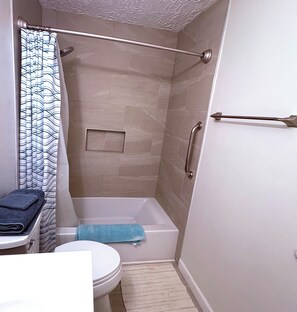 Baño con ducha, inodoro y perchero.